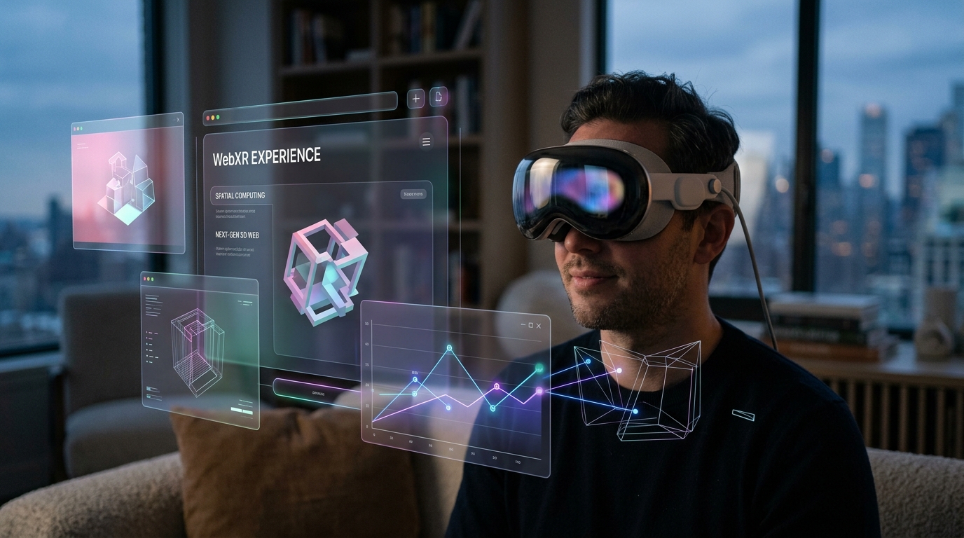 Spatial Computing e WebXR no navegador com headset e interfaces holográficas
